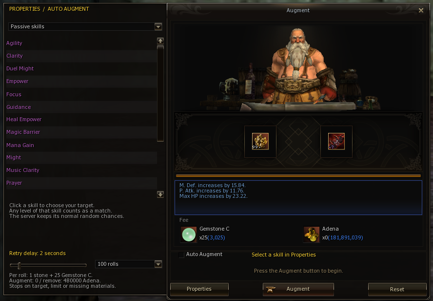 Auto Augment window with target skill choices and a roll limit