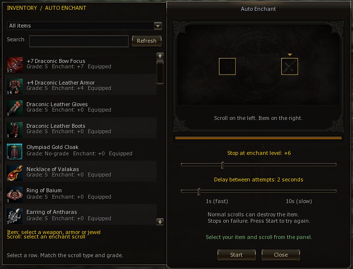 Auto Enchant window with item list, target level and attempt delay