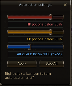 Automatic potion settings window