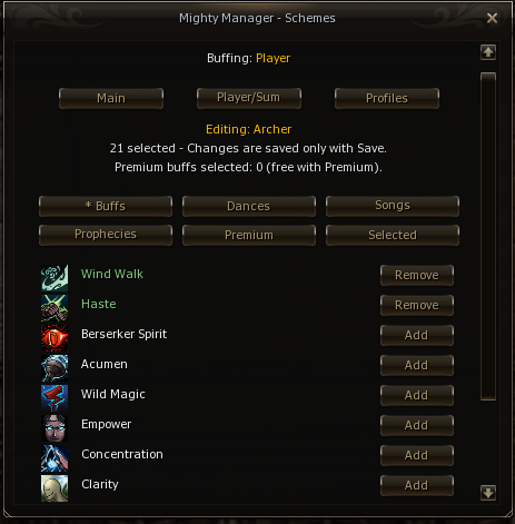 Scheme buffer editing an Archer profile with available buffs