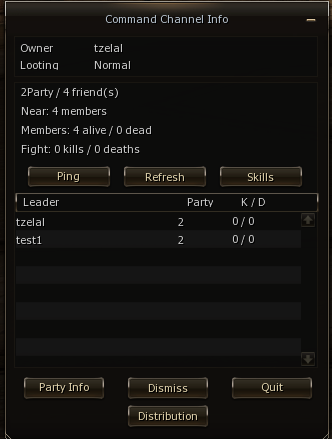 Command Channel overview showing party leaders, member counts and current-session kills and deaths