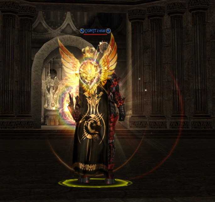 Hero cloak with a glowing gold emblem and effects
