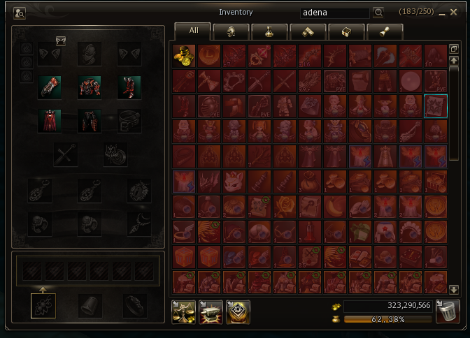 Inventory search highlighting Adena while other items are dimmed