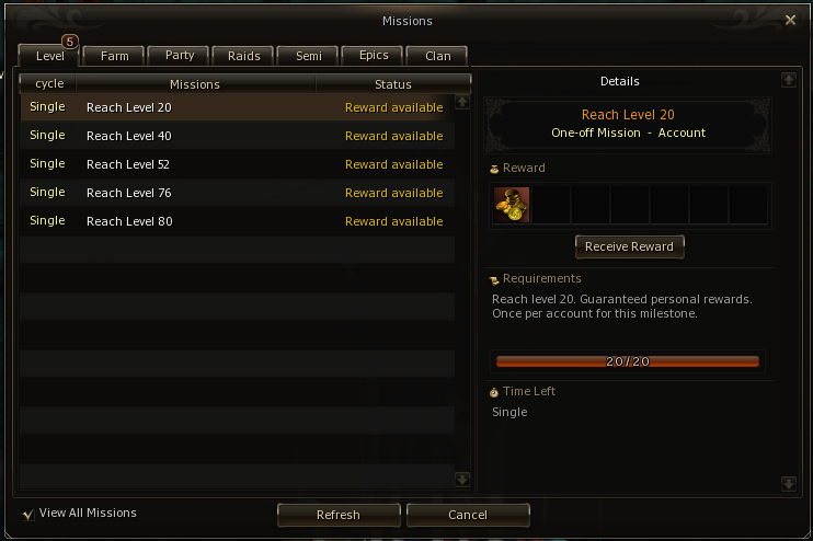 Missions window showing five mission goals and rewards