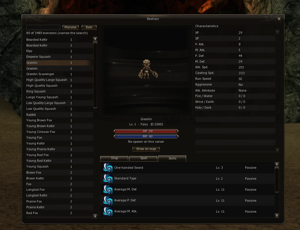 Bestiary showing a monster model, characteristics and skills