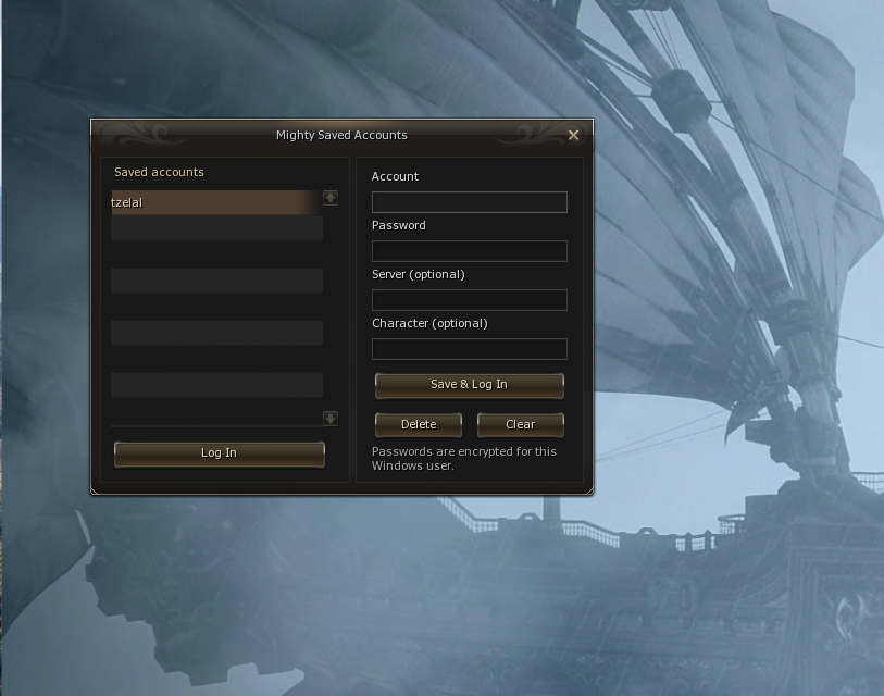 Saved Accounts window with an account list and empty login fields