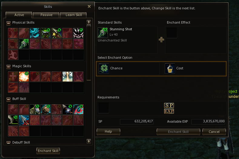 Skills window and skill enchant panel showing route choices